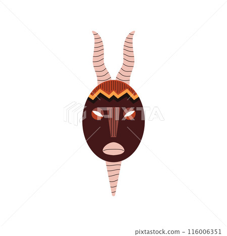 African or Indian tribal mask with horns, brown carved wooden mask vector icon, Aztec ethnic aboriginal face ritual idol 116006351