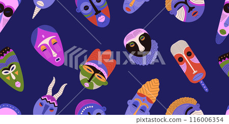 Vector seamless pattern with ethnic masks of an African tribe with bright multicolored patterns 116006354