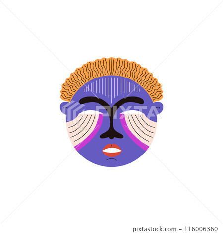 Tribal mask painted ornament bright color vector icon, African or Indian carved blue decorated mask aboriginal face idol 116006360