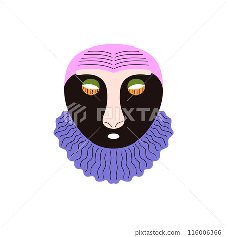 Tribal mask painted ornament bright colors vector icon, African or Indian carved wooden decorated mask aboriginal face Tribal mask painted ornament bright colors vector icon, African or Indian carved wooden decorated mask aboriginal face 116006366