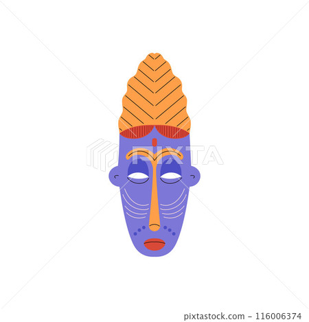 Tribal mask painted ornament bright color vector icon, African carved wooden decorated mask aboriginal face ritual totem 116006374