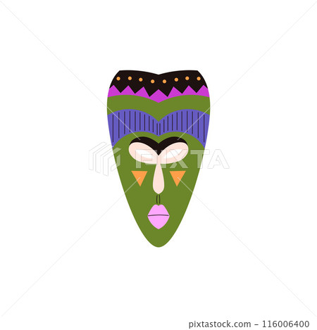 Tribal mask painted ornament bright colors vector icon, African carved wooden mask craft shaman face ritual ethnic totem 116006400