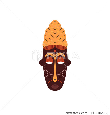 Tribal mask icon, African carved painted wooden mask, vector cartoon shaman face, ritual ethnic symbol Aztec totem 116006402