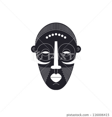 Silhouette of a Ritual Tribal Mask. Flat vector illustration. Silhouette of a Ritual Tribal Mask. Flat vector illustration. 116006415