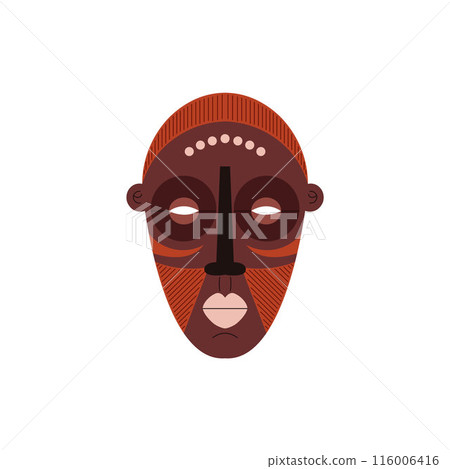 Tribal mask icon, African carved wooden mask with colorful ornament, vector cartoon voodoo face, ritual ethnic totem Tribal mask icon, African carved wooden mask with colorful ornament, vector cartoon voodoo face, ritual ethnic totem 116006416