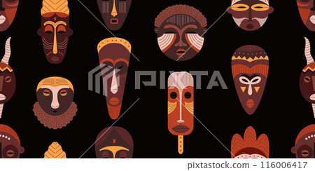 Tribal mask painted ornament vector seamless pattern on black background, African decorative carved wooden ethnic symbol 116006417