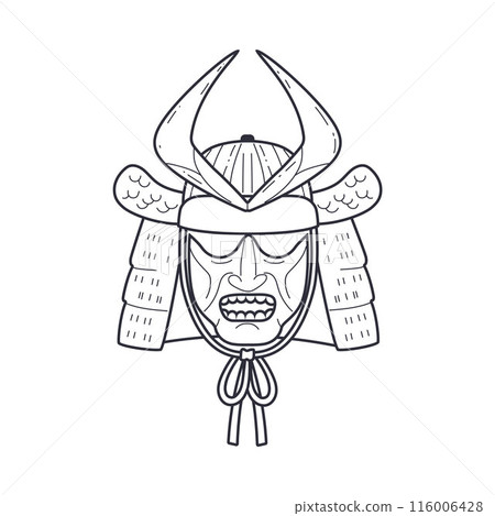 Samurai warrior mask black silhouette vector icon, oriental armor head helmet, Japanese mask with horns, Kabuki theater 116006428