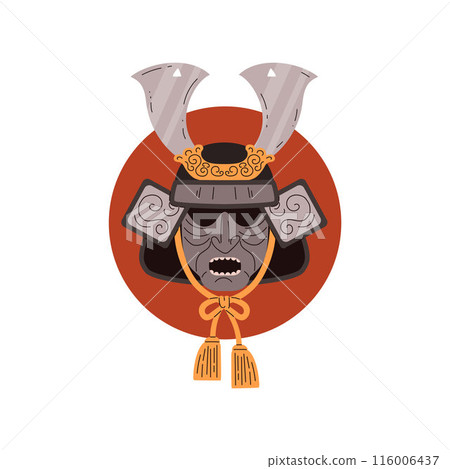 Samurai warrior mask red circle vector icon, Japanese decorated mask with horns and tassel, oriental armor head helmet Samurai warrior mask red circle vector icon, Japanese decorated mask with horns and tassel, oriental armor head helmet 116006437