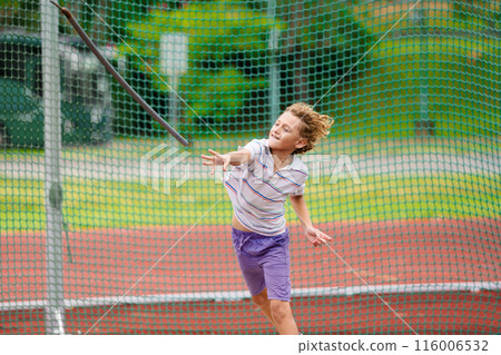 Javelin throw competition for kids. Athletics club 116006532