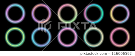 Set of gradient with blur frames on black background. Abstract three-dimensional space colored background. Collection of glowing neon color with aura round frames for websites, user interfaces. Vector Set of gradient with blur frames on black background. Abstract three-dimensional space colored background. Collection of glowing neon color with aura round frames for websites, user interfaces. Vector 116006592
