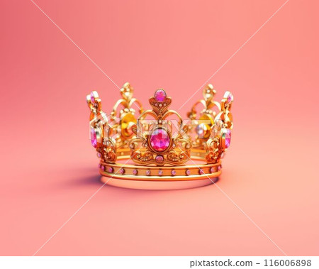 Pink and gold shiny crown with a reflective surface on a pink background. AIG35. Pink and gold shiny crown with a reflective surface on a pink background. AIG35. 116006898