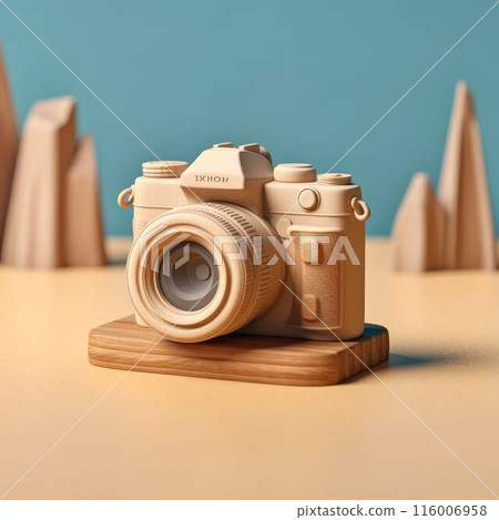 Stylized vintage film camera image with 3D effect on orange background. AIG35. 116006958