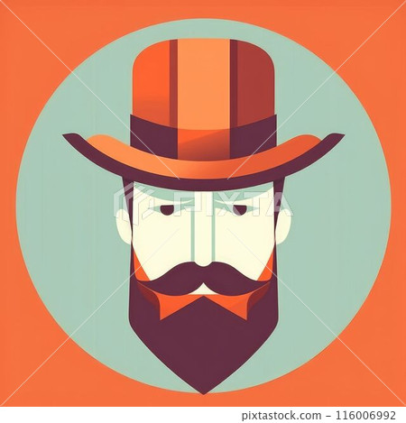 Stylized character design with a hat and mustache with orange background. AIG35. Stylized character design with a hat and mustache with orange background. AIG35. 116006992
