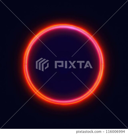 Circular neon light rings on dark background with reflective surface. AIG35. 116006994