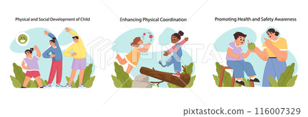 Child development set. Children in active play, balancing and parent teaching health with snack. Importance of kids physical growth. Parental support in health matters. Flat vector illustration Child development set. Children in active play, balancing and parent teaching health with snack. Importance of kids physical growth. Parental support in health matters. Flat vector illustration 116007329