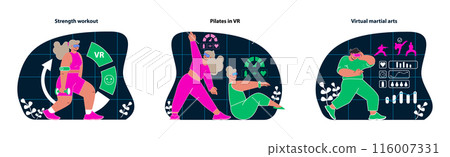 VR Workout trio. Strength training, Pilates, and martial arts in a virtual world. Energizing exercise sessions with digital interface. Home fitness with interactive technology. Flat vector. 116007331