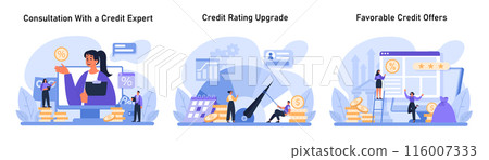 Credit Score Advancement Set. Expert consultation for credit improvement, strategic rating upgrades, and securing favorable credit offers. Flat vector illustration 116007333