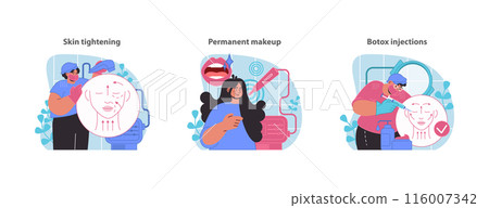Cosmetic enhancement set. Non-surgical skin tightening, permanent makeup application, and facial botox treatments for youthful looks. Flat vector illustration. 116007342