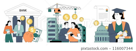 Government subsidy set. Diverse sectors including agriculture, healthcare, energy and military receive financial support. Government budget strategy. Flat vector illustration. 116007344