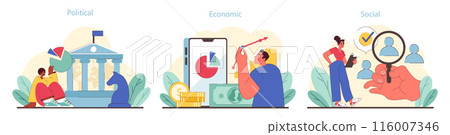 PEST analysis facets set. Dissecting political, economic, and social influences on business. Pie charts, growth metrics, and demographic studies. Flat vector illustration. 116007346