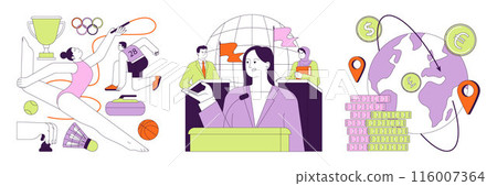 Soft power set. Global connectivity and cultural exchange. International communication. Different countries cooperation, peace and unity. Flat vector illustration 116007364