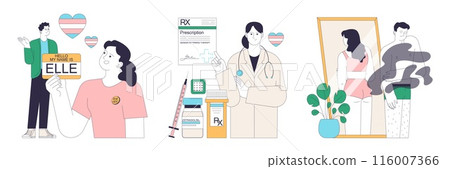 Gender transition process set. Gender-affirming therapy for transgender people. Gender dysphoria, coming out, hormone therapy and sex reassignment surgery. Flat vector illustration 116007366