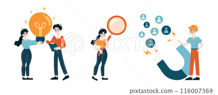 Innovation and Recruitment set. Energetic team sharing bright ideas and attracting talent. Focus on creativity, magnifying potential, and engaging new skills. Flat vector illustration 116007369