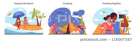 Friends activities set. Beach relaxation, camping under stars, and shared travel explorations. Cherishing moments in diverse settings. Joyful and adventurous companionship. Flat vector illustration. 116007387