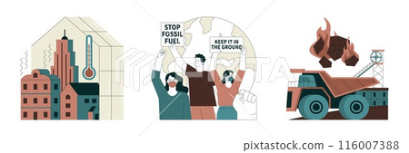 Fossil fuel set. Fossil resources extraction and its impact on climate change. Reliance on non-renewable energy sources. Earth raw materials depletion. Flat vector illustration Fossil fuel set. Fossil resources extraction and its impact on climate change. Reliance on non-renewable energy sources. Earth raw materials depletion. Flat vector illustration 116007388