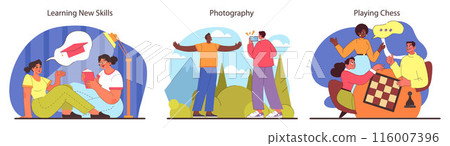 Friends exchanging knowledge, capturing memories with photography, and indulging in chess challenges. Social learning, scenic shots, and strategic games. Flat vector illustration. 116007396