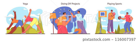 Friends activities set. Engaging in yoga, tackling DIY projects, and enjoying basketball games. Diverse hobbies for wellbeing, creativity, and sportsmanship. Flat vector illustration. Friends activities set. Engaging in yoga, tackling DIY projects, and enjoying basketball games. Diverse hobbies for wellbeing, creativity, and sportsmanship. Flat vector illustration. 116007397
