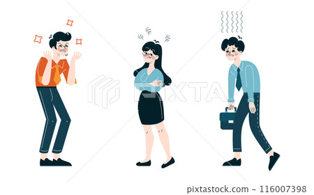 Workplace Emotions set. Professionals experiencing stress, contemplation, and fatigue. Navigating the highs and lows of office dynamics. Flat vector illustration Workplace Emotions set. Professionals experiencing stress, contemplation, and fatigue. Navigating the highs and lows of office dynamics. Flat vector illustration 116007398