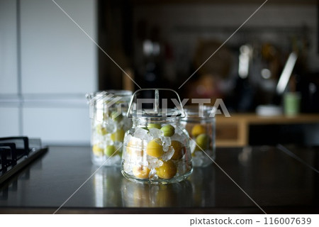 Plums and rock sugar placed in a glass jar to make syrup 116007639