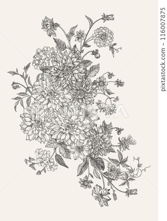 Autumn bouquet with blooming dahlia flowers and white honeysuckle berries. 116007875