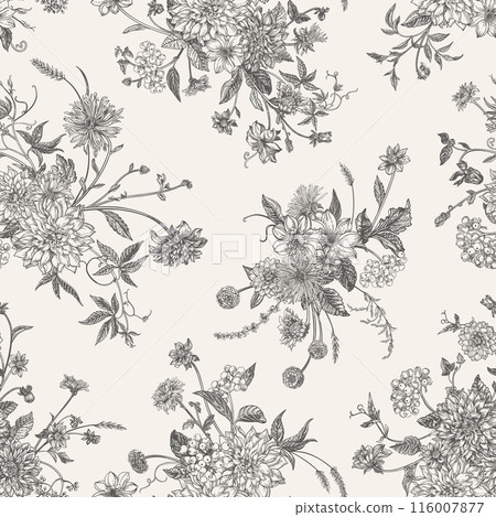 Seamless floral pattern with summer and autumn flowers. Engraving style. Black and white. Seamless floral pattern with summer and autumn flowers. Engraving style. Black and white. 116007877