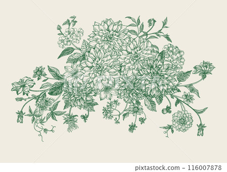 Vintage bouquet with summer and autumn flowers. Engraving style.  Vector botanical illustration. Green. 116007878