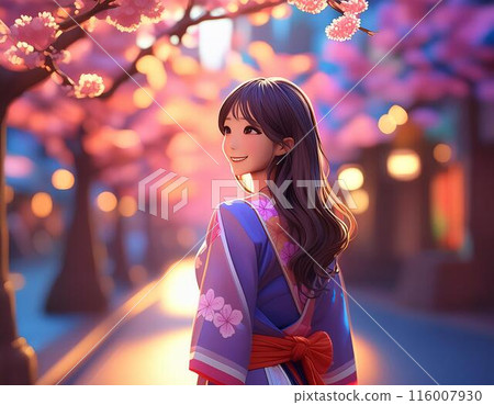 A woman in a kimono walking along a row of cherry blossom trees Generative AI 116007930