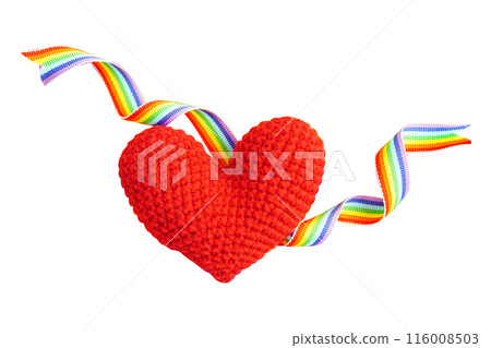 Red heart with rainbow color ribbon flag isolated on white background with clipping path, LGBT symbol. Red heart with rainbow color ribbon flag isolated on white background with clipping path, LGBT symbol. 116008503