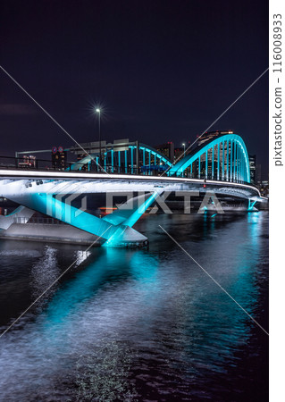 Night view of Tsukiji Bridge over the Sumida River in Tokyo 116008933