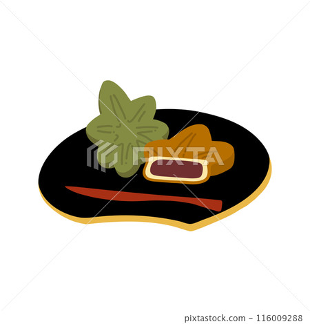 Hand-drawn color illustration of momiji manju on a plate 116009288
