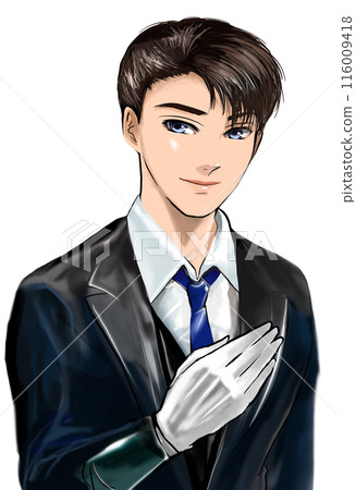 一位穿著燕尾服的英俊管家聽請求的肖像插圖 一位穿著燕尾服的英俊管家聽請求的肖像插圖 116009418