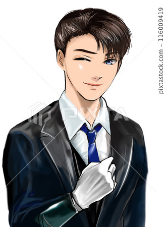 身穿燕尾服的英俊管家眨眼聽請求的肖像插圖 身穿燕尾服的英俊管家眨眼聽請求的肖像插圖 116009419