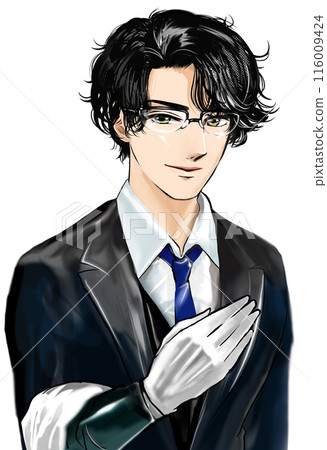 Portrait illustration of a handsome butler in a tuxedo listening to requests 116009424