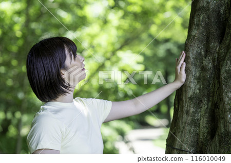 Woman touching a tree Woman touching a tree 116010049