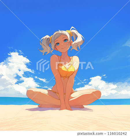 Girl sitting cross-legged on the beach 116010242