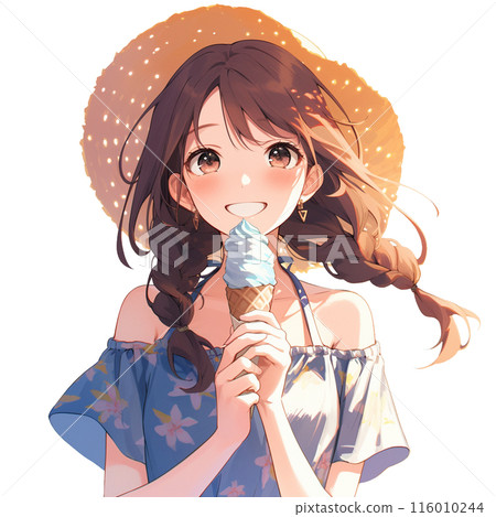 Smiling woman holding soft serve ice cream 116010244