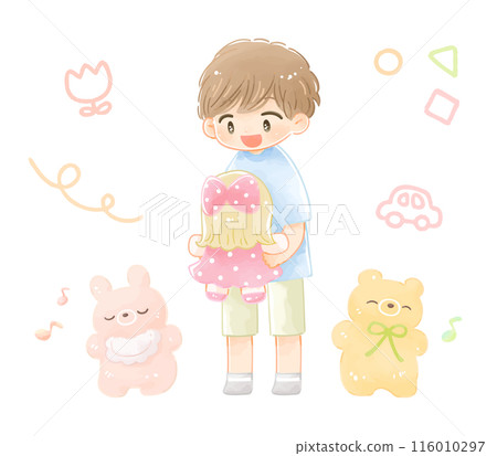 Boy playing with dolls and stuffed toys 116010297