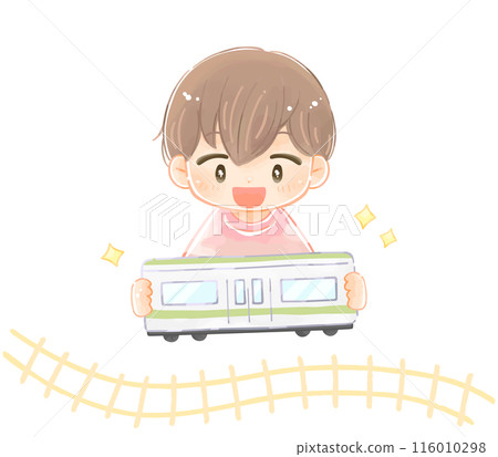 A child fascinated by a toy train A child fascinated by a toy train 116010298