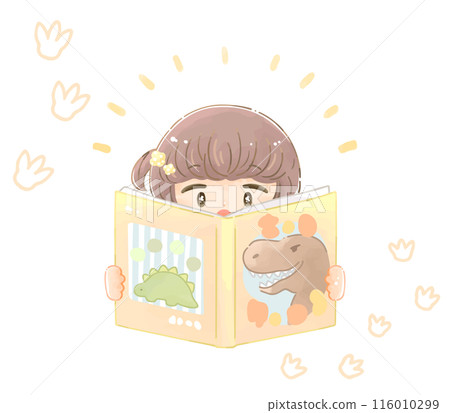 Child girl reading a dinosaur book Child girl reading a dinosaur book 116010299