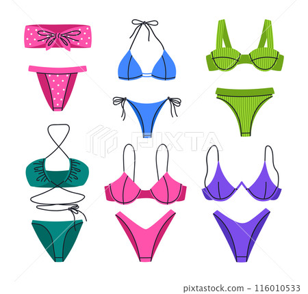 Colorful swimming wear. Women's beach fashion swimwear, stylish swimwear, bikini, bras and panties, flat vector illustration set. Summer vacation female garments Colorful swimming wear. Women's beach fashion swimwear, stylish swimwear, bikini, bras and panties, flat vector illustration set. Summer vacation female garments 116010533